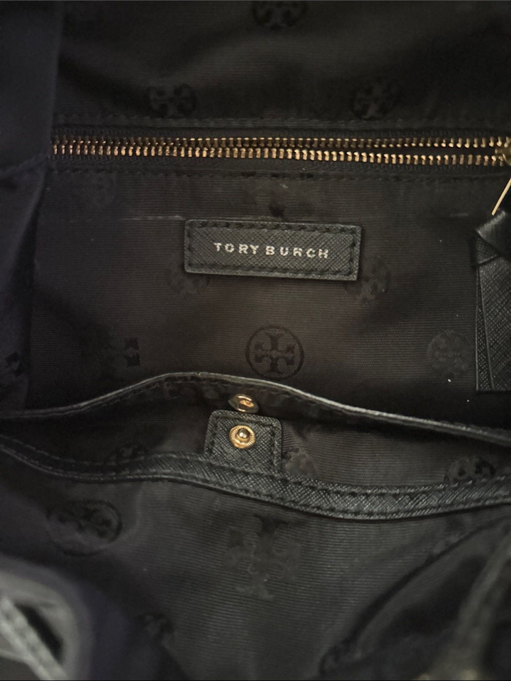 Tory Burch Black Nylon Drawstring Flap Backpack with Gold Logo - Picture 2 of 3